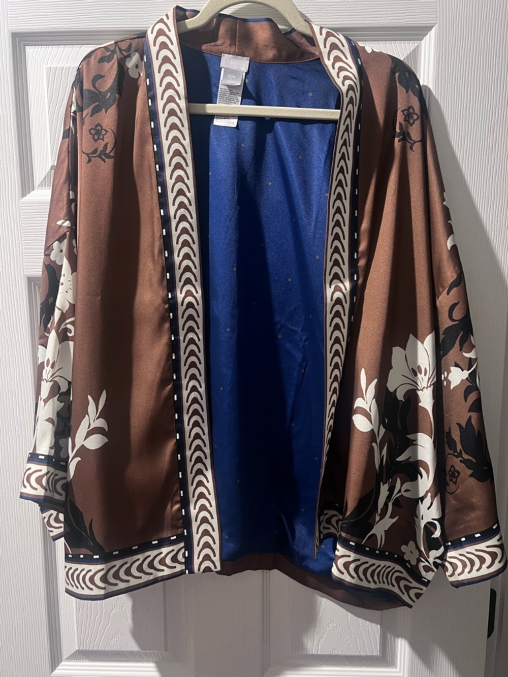 Chico's Brown Floral Open-Front Blazer with Blue Interior Trim